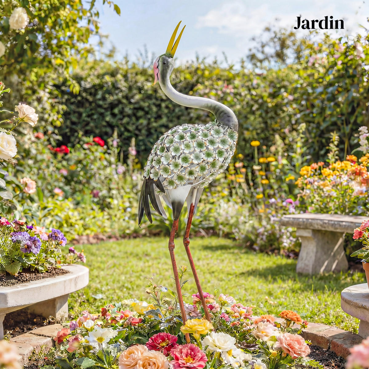 GARTENFIGUR DE-13857 Reiher-Skulptur, wetterfest Grün - Grün, Metall (17/71/26cm) - ComfortXL