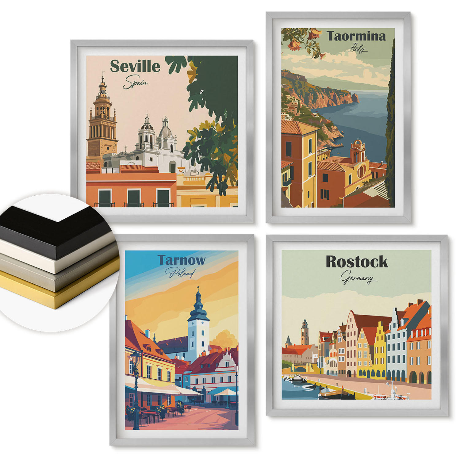 WANDBILDER 4er Set - 50x50 cm & 40x60 cm Silberner Rahmen - Architektur der Küstenstädte - Silberfarben, Kunststoff (50/50cm) - ArtPrintCave