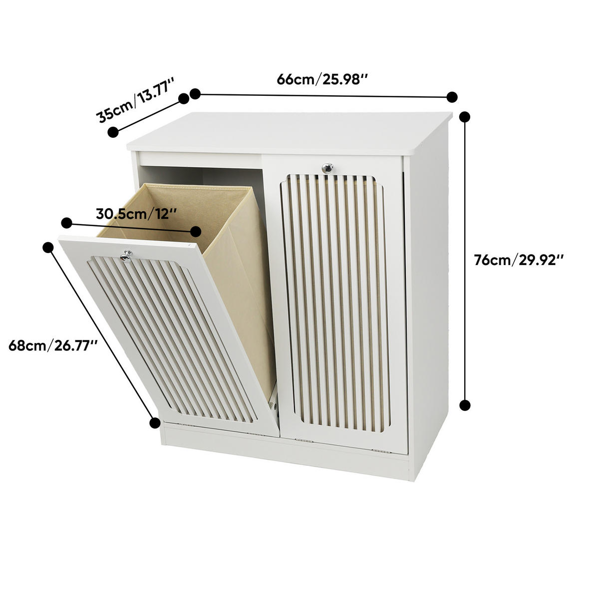WÄSCHESCHRANK Weiß mit Kippbarer Lamellenfront & 2 Stofffächern - Weiß, Holzwerkstoff (66/76/35cm) - Urban Meuble