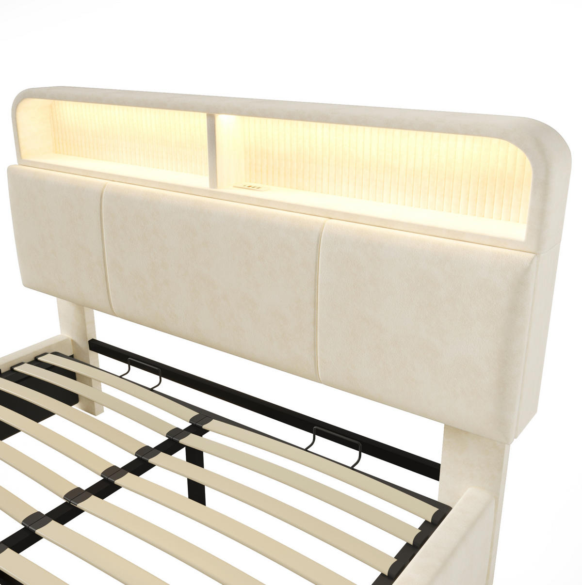 POLNJENA postelja iz žameta 140x190 cm bež z nastavljivim vzglavjem, LED osvetlitvijo, USB/Type-C polnjenjem in hidravličnim predalom - bež, tekstil (140/190cm) - Modfu