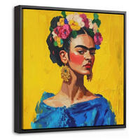 LEINWAND Bilder mit Rahmen - Frida Kahlo - Frau - Gelb - Blau - Blumen - 20x20 - Gelb, Textil (20/20cm) - MuchoWow