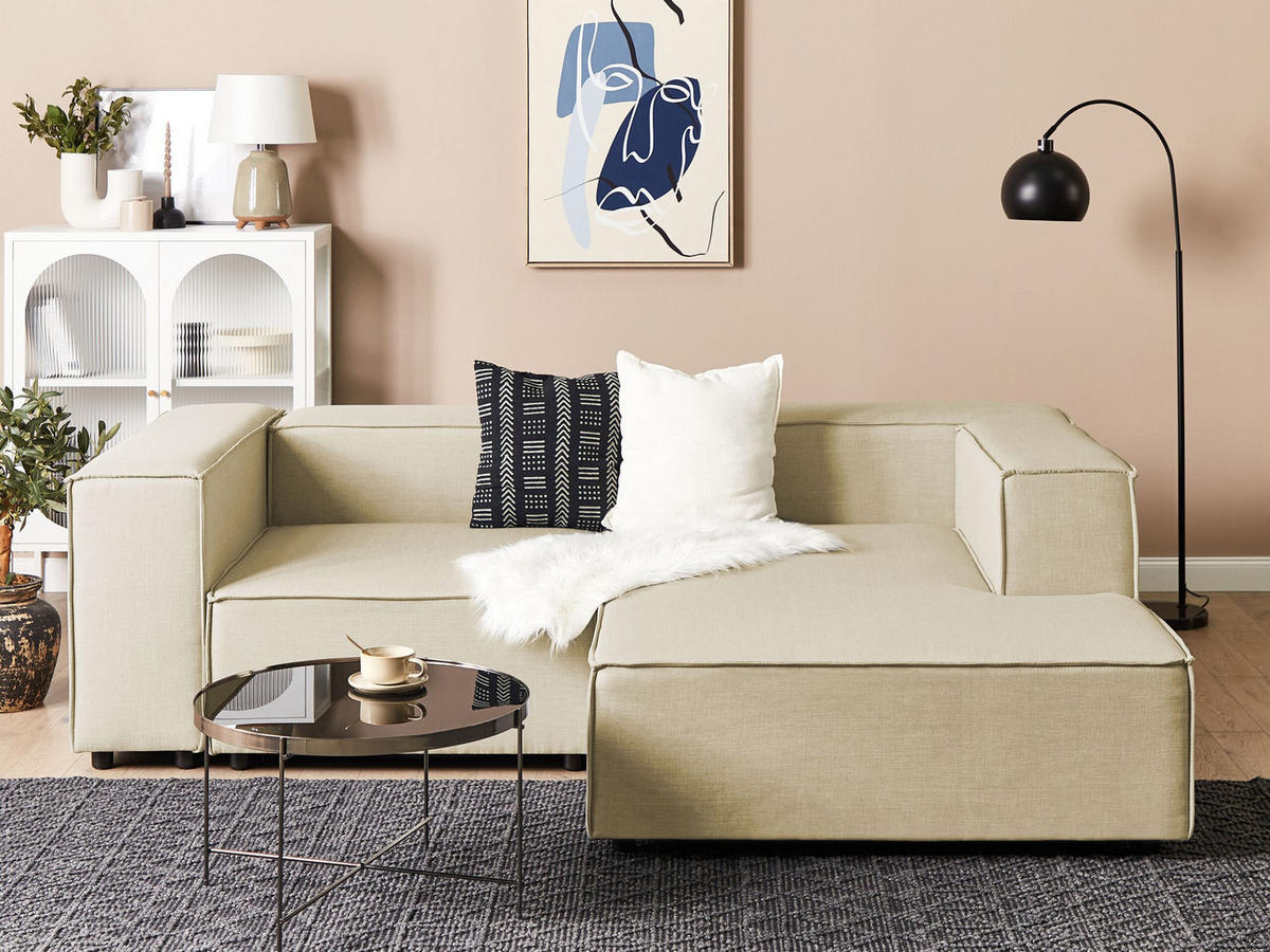 2-SITZER-ECKSOFA Leinen beige rechtsseitig Aprica - Beige/Schwarz, Textil (238/180cm) - Beliani