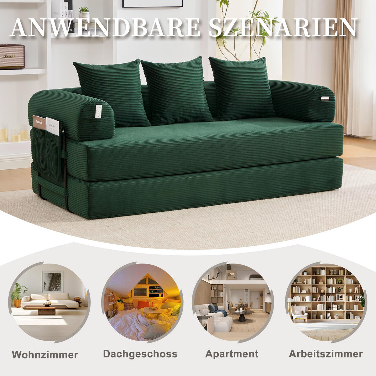 SCHLAFSOFA, Modulares Tagesbett mit Metallgestell, Klappbares Bodensofa Cordstoff, Grün - Grün, Textil (94/67/200cm) - LVHOM