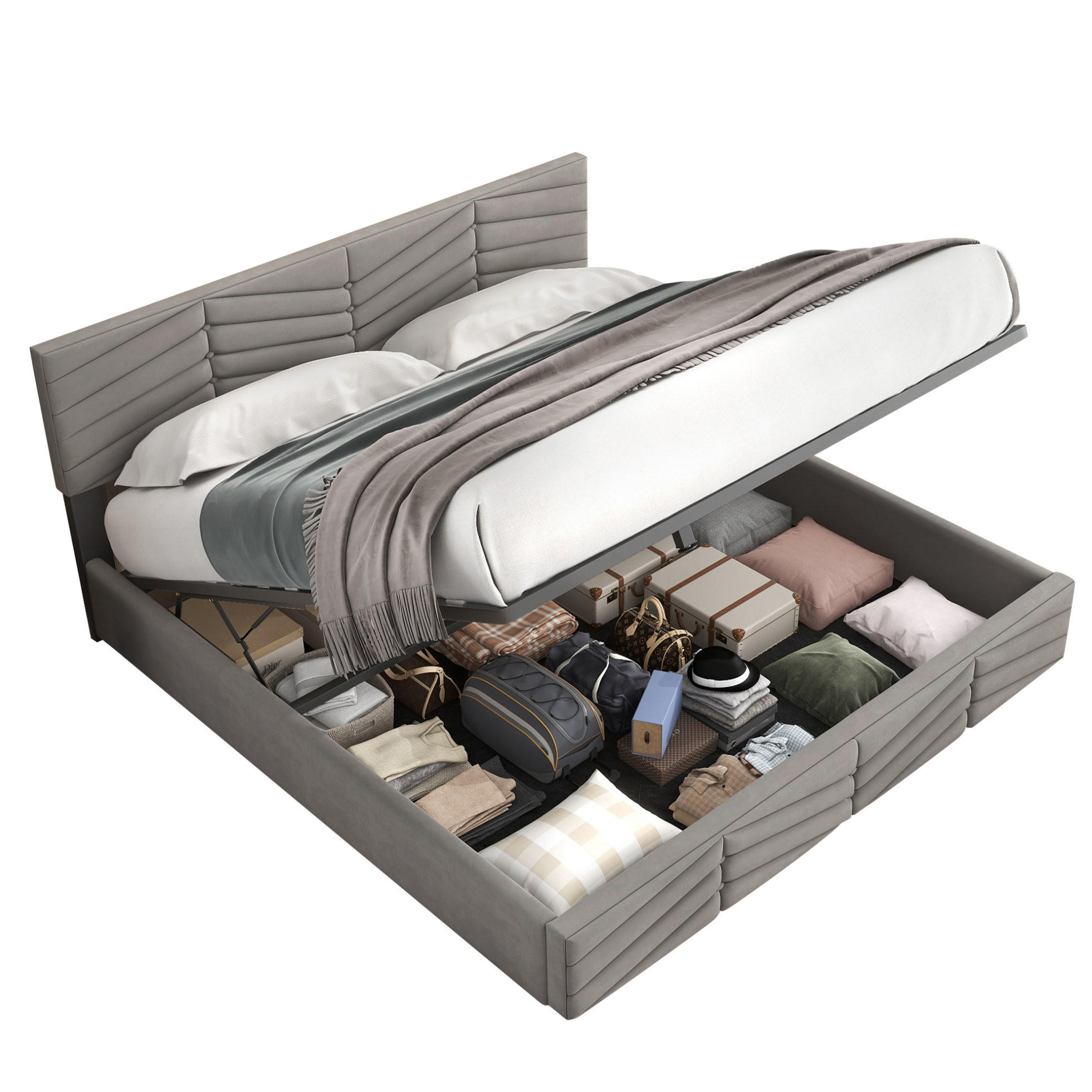 POLSTERBETT 160/200 cm grau mit Stauraum und höhenverstellbarem Kopfteil - Grau, Textil (160/200cm) - OKWISH