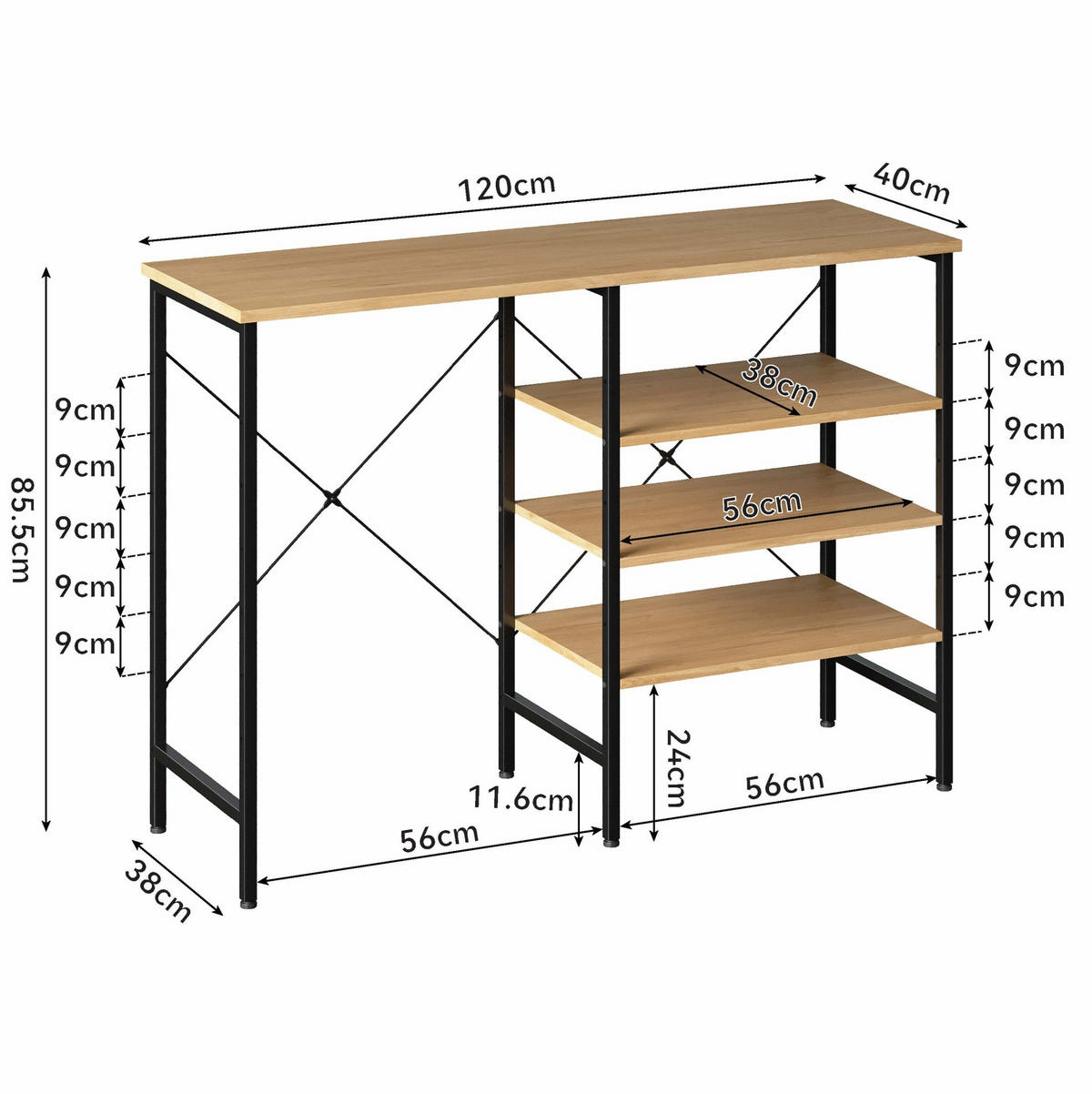 ODKLÁDACÍ stolek z MDF a kovu 120x40x85,5 cm černý a přírodní s variabilní montáží a nastavitelnými nožkami - černá, kompozitní dřevo (40/120/85cm) - Modfu