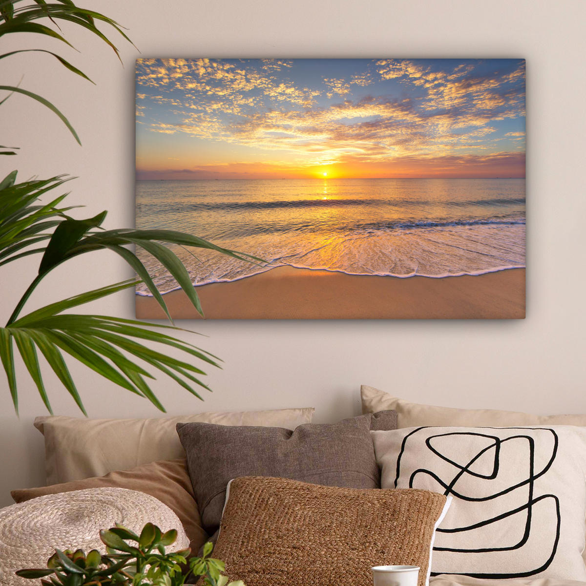 LEINWANDBILD Strand - Sonnenuntergang - Meer Wanddeko 90x60 cm - Gelb, Textil (90/60cm) - MuchoWow
