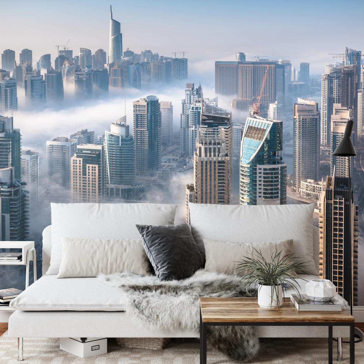FOTOTAPETE für Büro Dubai Nebel Wolkenkratzer Skyline Panorama 500x350 - Blau/Beige, Papier (500/350cm) - Muralo