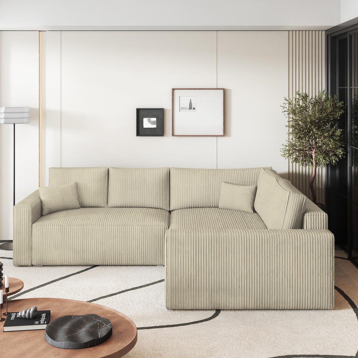 ECKSOFA ERONIS R-S Creme Kordstoff mit Schlaffunktion - Creme, Holz (265/194cm) - MASSENO