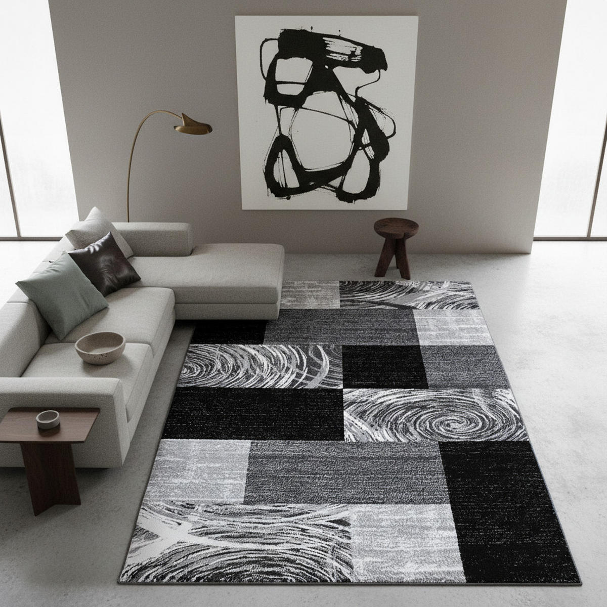 TEPPICH Handwäsche Kurzflor Abstrakte Karos Polypropylen Wohnzimmer Schwarz Rechteckig 240x340 - Schwarz, Textil (240/340cm) - KADIMA DESIGN