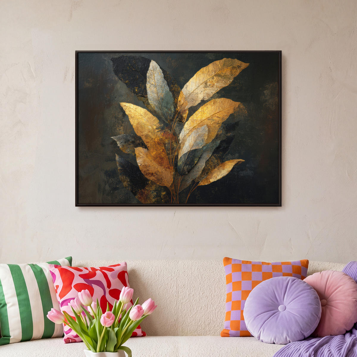 LEINWAND Bilder mit Rahmen - Golden Leaf Komposition - Botanical Luxury - 70x50 - Goldfarben, Textil (70/50cm) - MuchoWow