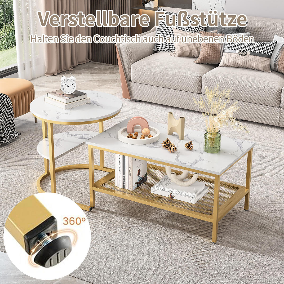 COUCHTISCH-SET 2-teilig Marmor-Optik mit goldenem Metallrahmen - Weiß, Metall (132/52/51cm) - DELFA