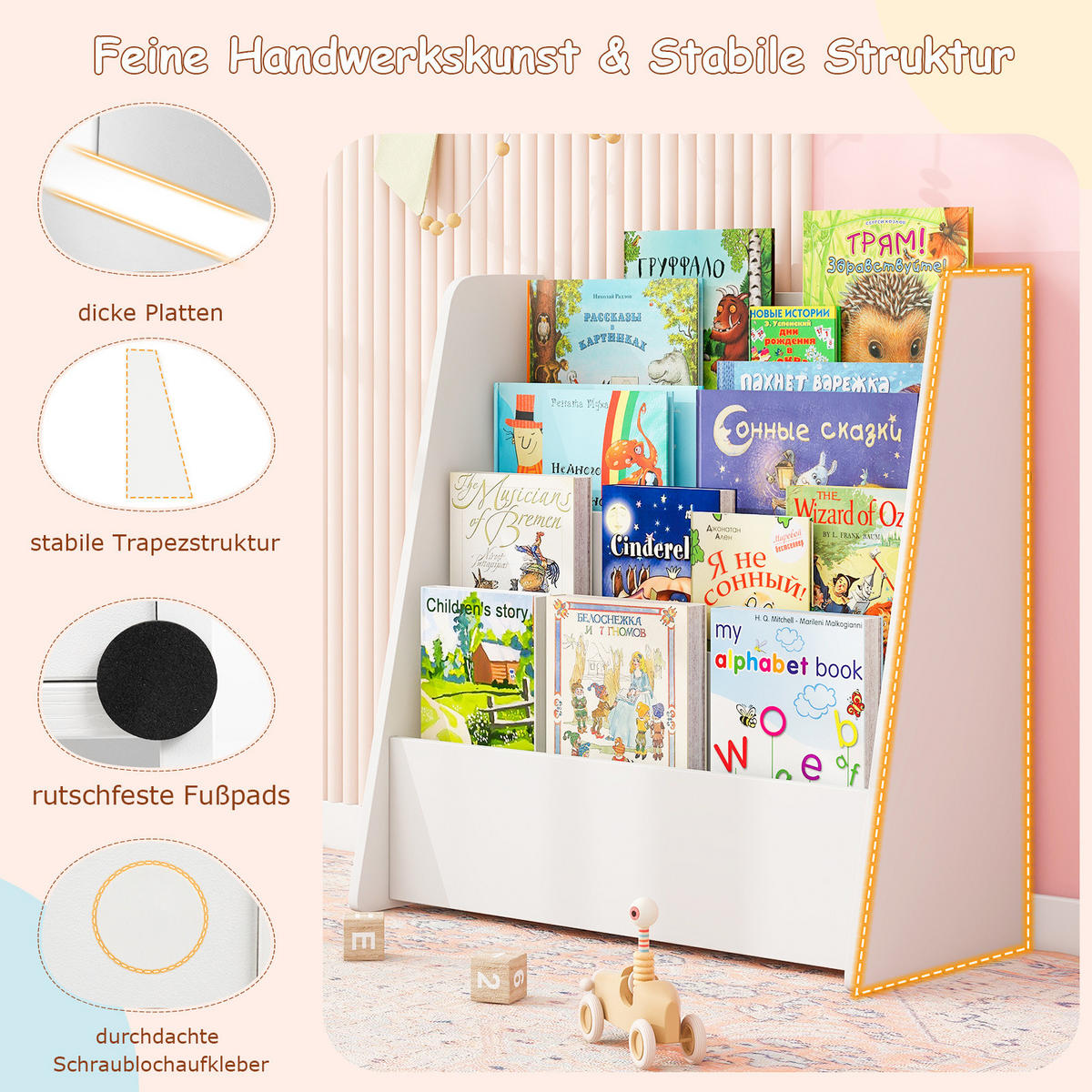 DĚTSKÁ POLICE 4 patra bílá - bílá, dřevo (57.5/59/26.5cm) - COSTWAY