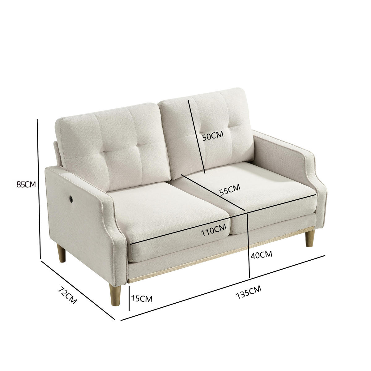 2-SITZER SOFA Polyester Beige mit USB - Beige, Holz/Holzwerkstoff (135/85/72cm) - WISHDOR