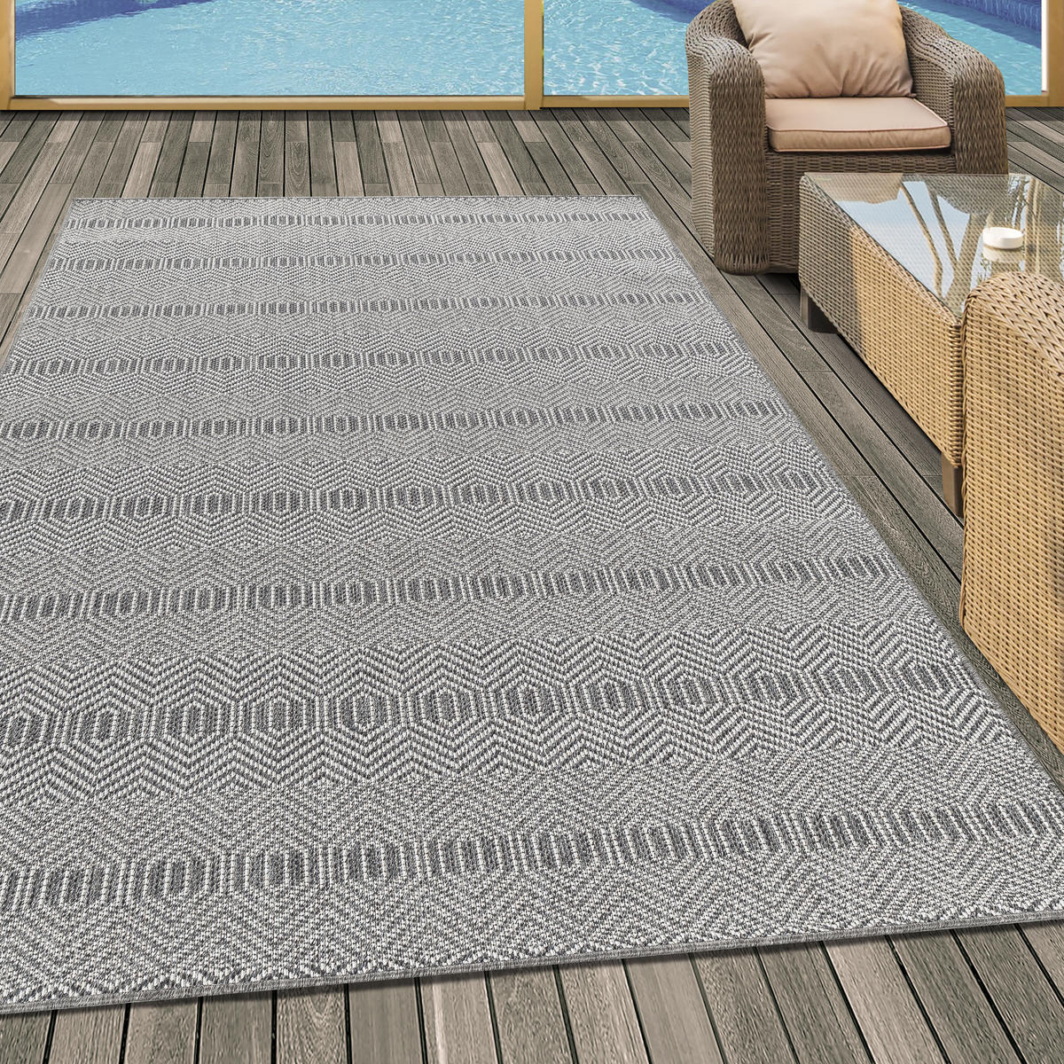 TEPPICH Outdoor Flachgewebe Boho Polypropylen Balkon Grau Läufer 80x150 - Grau, Textil (80/150cm) - KADIMA DESIGN