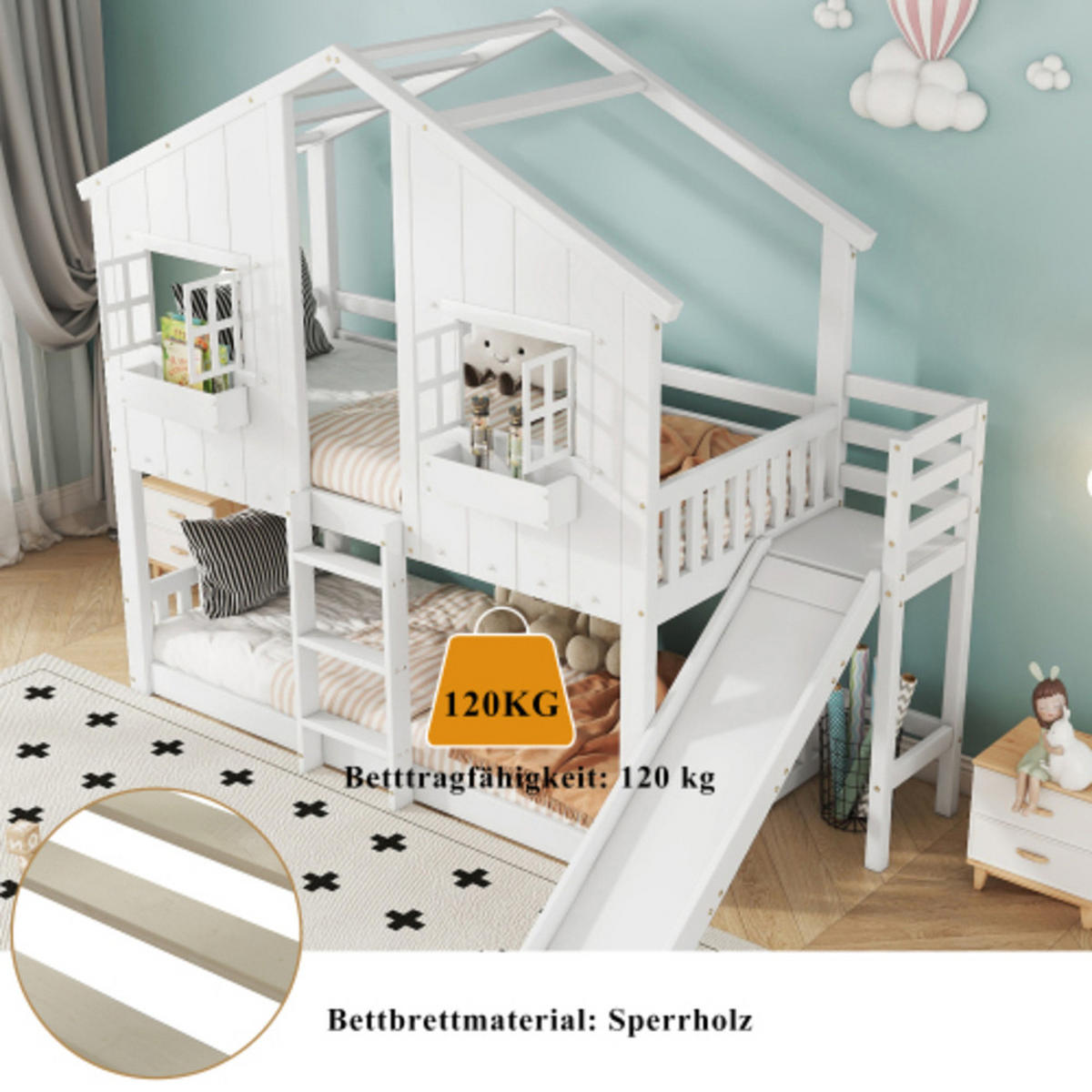 ETAGENBETT 90x200 cm mit Rutsche, Massivholz & MDF, weiß - Weiß, Holzwerkstoff (90/200cm) - Luhomfu