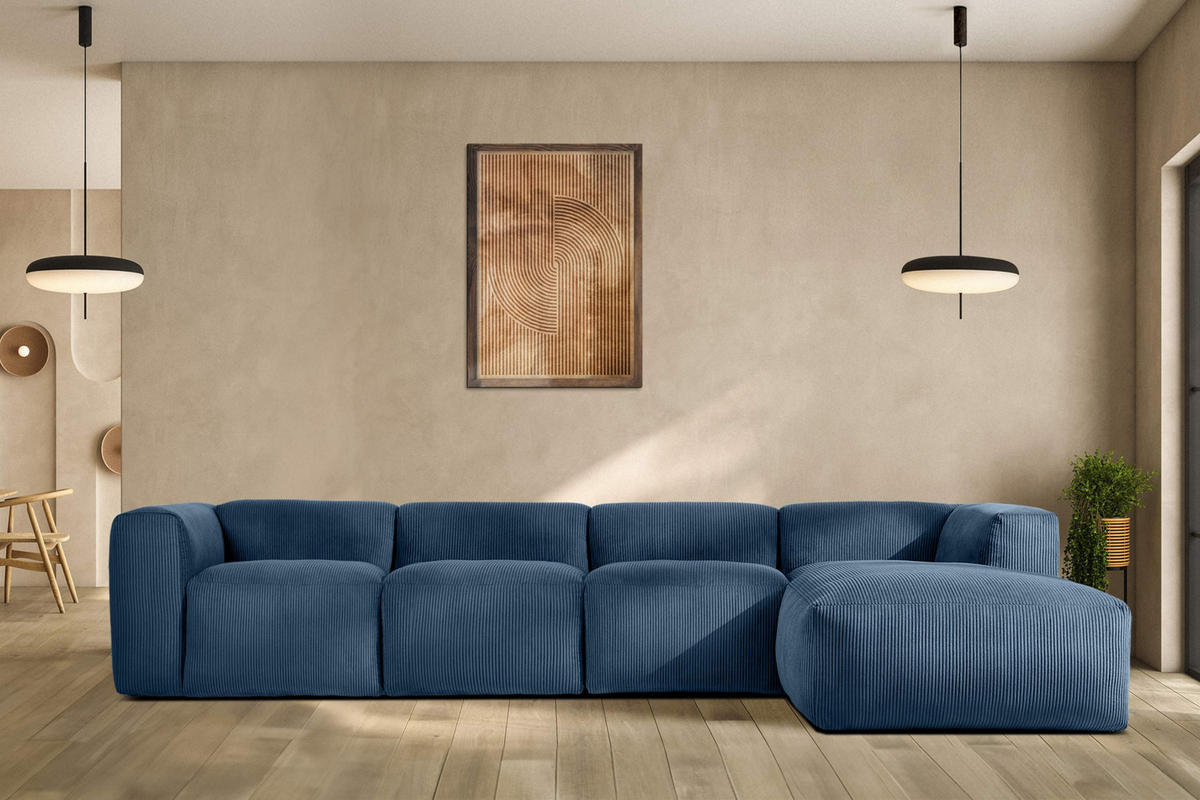 ECKMODULSOFA-LINKS BUFFO 6-Sitzer mit extrem weicher Sitzfläche, Kordstoff, marineblau - Blau/Grün, Textil (377/180cm) - KONSIMO®