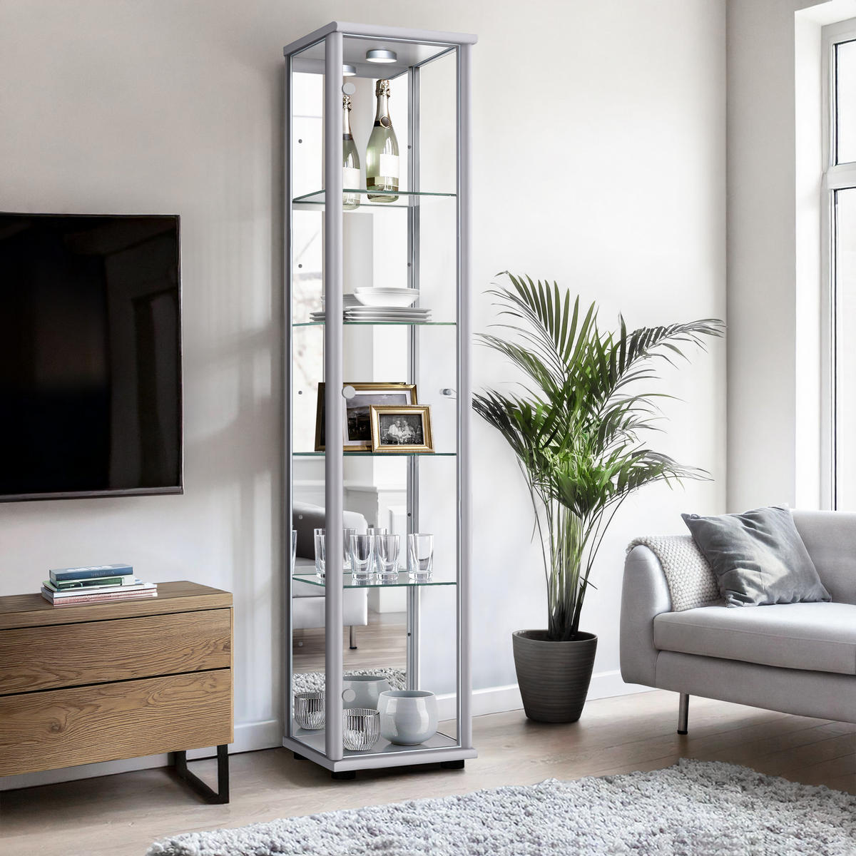 GLASVITRINE 33/37/176 cm mit Spiegel, LED & 4 höhenverstellbaren Glasböden - Transparent/Silberfarben, Glas/Holzwerkstoff (37/176/33cm) - K-Möbel