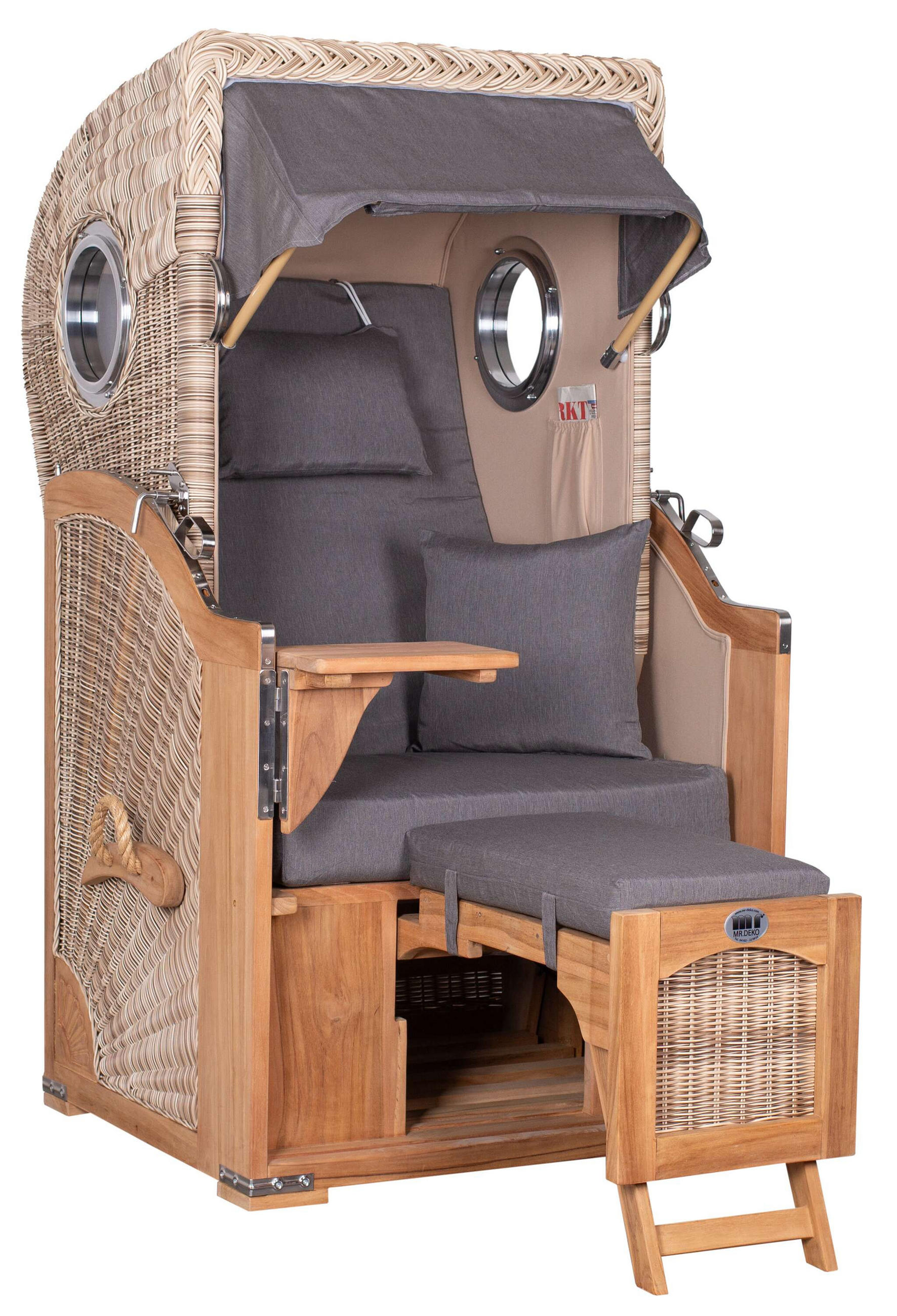 STRANDKORB Düne 1 Sitzer Teak PE Shell - Braun/Grau, Holz/Textil (96/165/80cm) - Mr. Deko