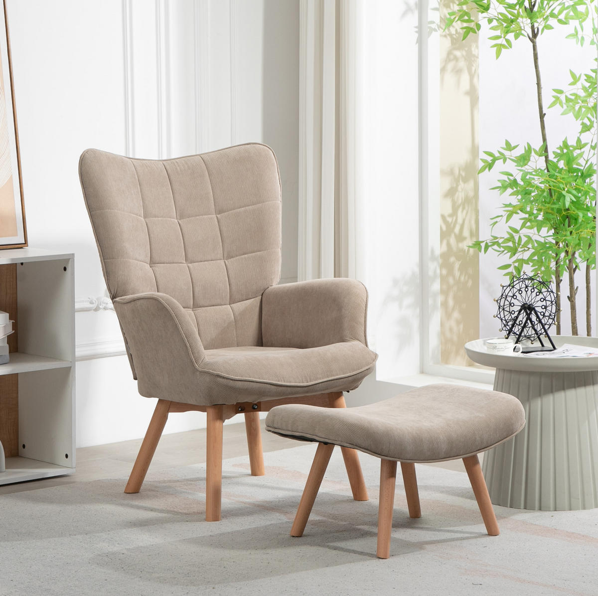 OHRENSESSEL mit Hocker Polyesterbezug, Holzbeine 72/80/101 cm Beige - Beige, Textil (72/101/80cm) - Redom