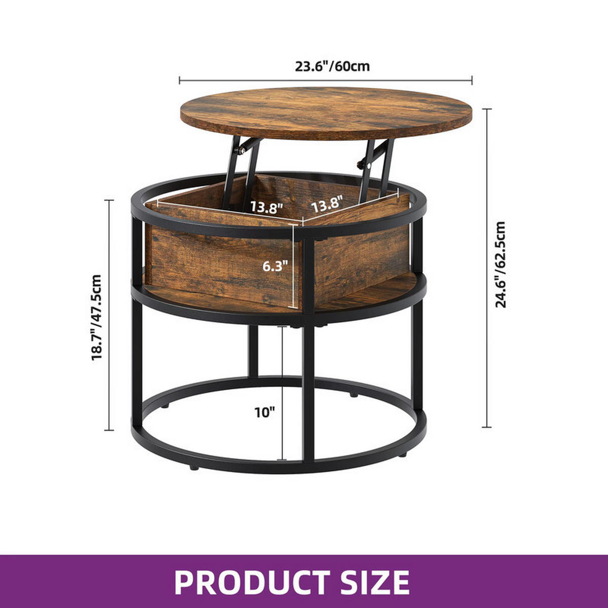 COUCHTISCH rund Höhenverstellbar 60x60x47 cm versteckter Stauraum - Braun, Holz (60/60/62.5cm) - Kaket