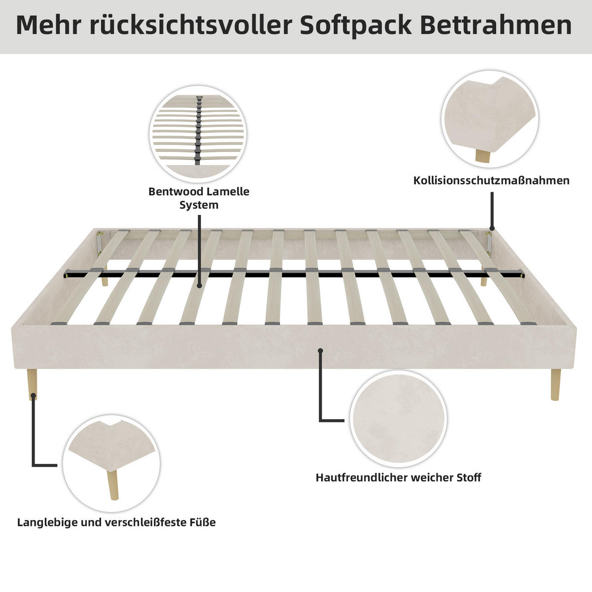 POLSTERBETT 160x200 cm niedrig ohne Stauraum beige - Beige, Textil (160/200cm) - LEBENLANG