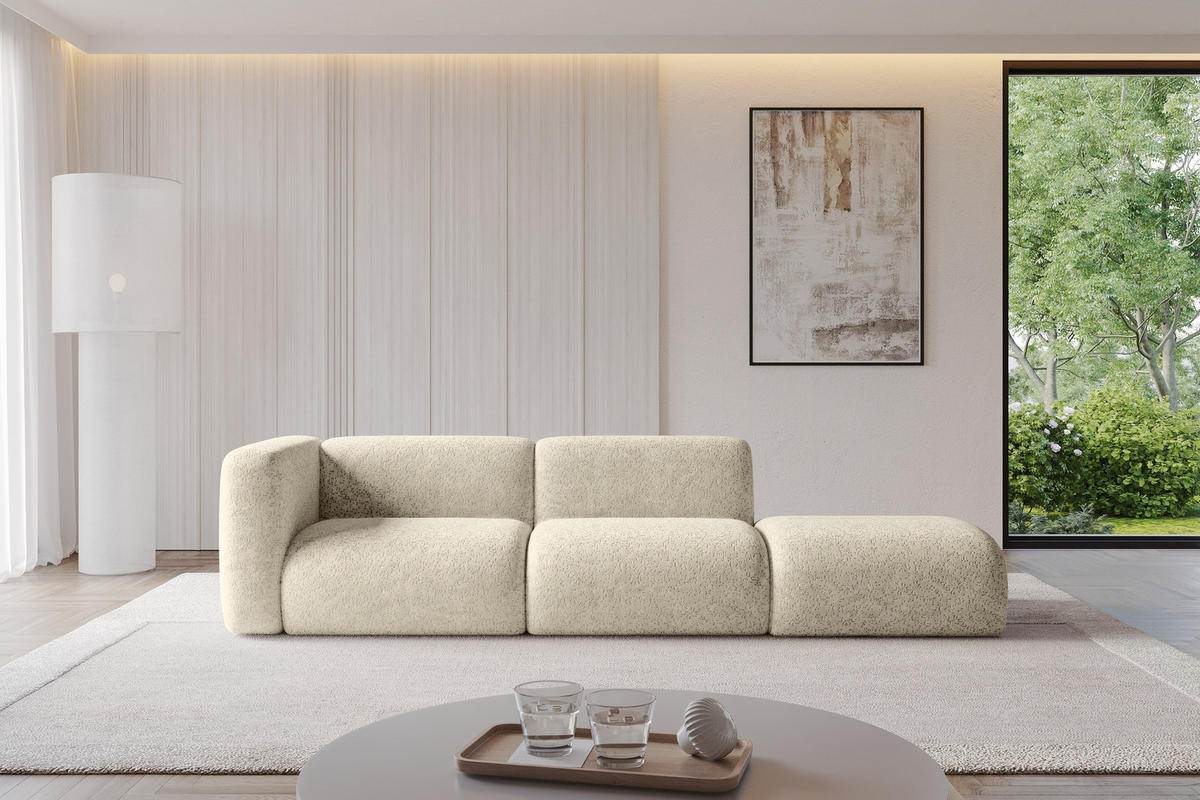 SOFA Ottomane Links MIRA-S3 296x89x70 Creme Velours - Creme/Schwarz, Holzwerkstoff/Kunststoff (296/70/89cm) - ALTDECOR