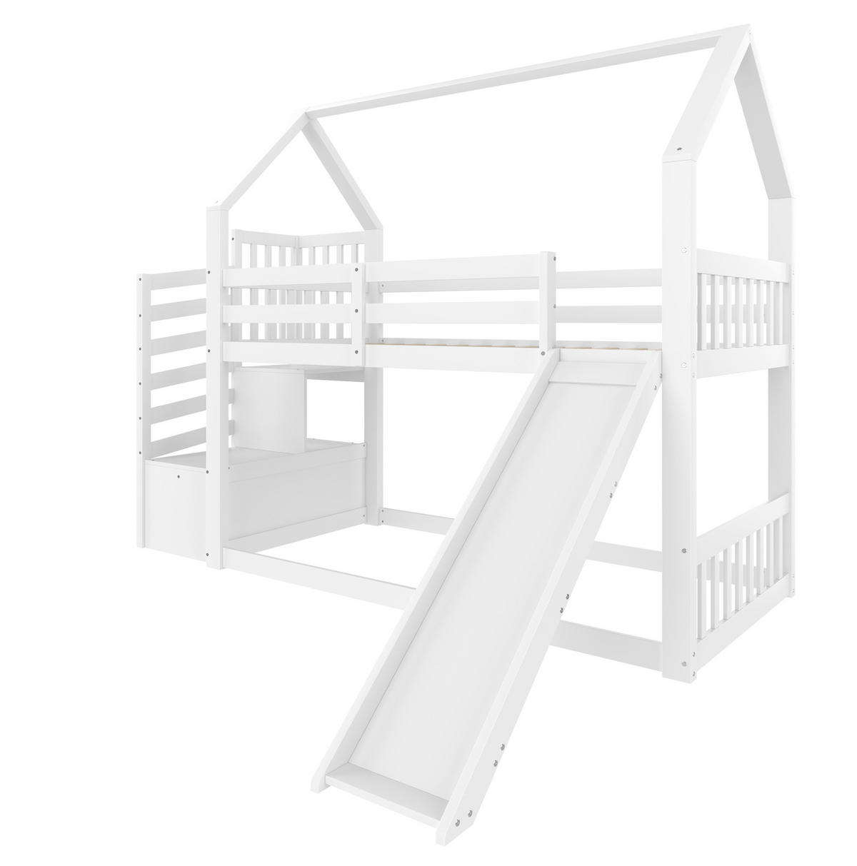 ETAGENBETT mit Stauraumtreppe und Rutsche 90x200 cm Kiefernholz Weiß - Weiß, Holzwerkstoff (90/200cm) - Beauniv