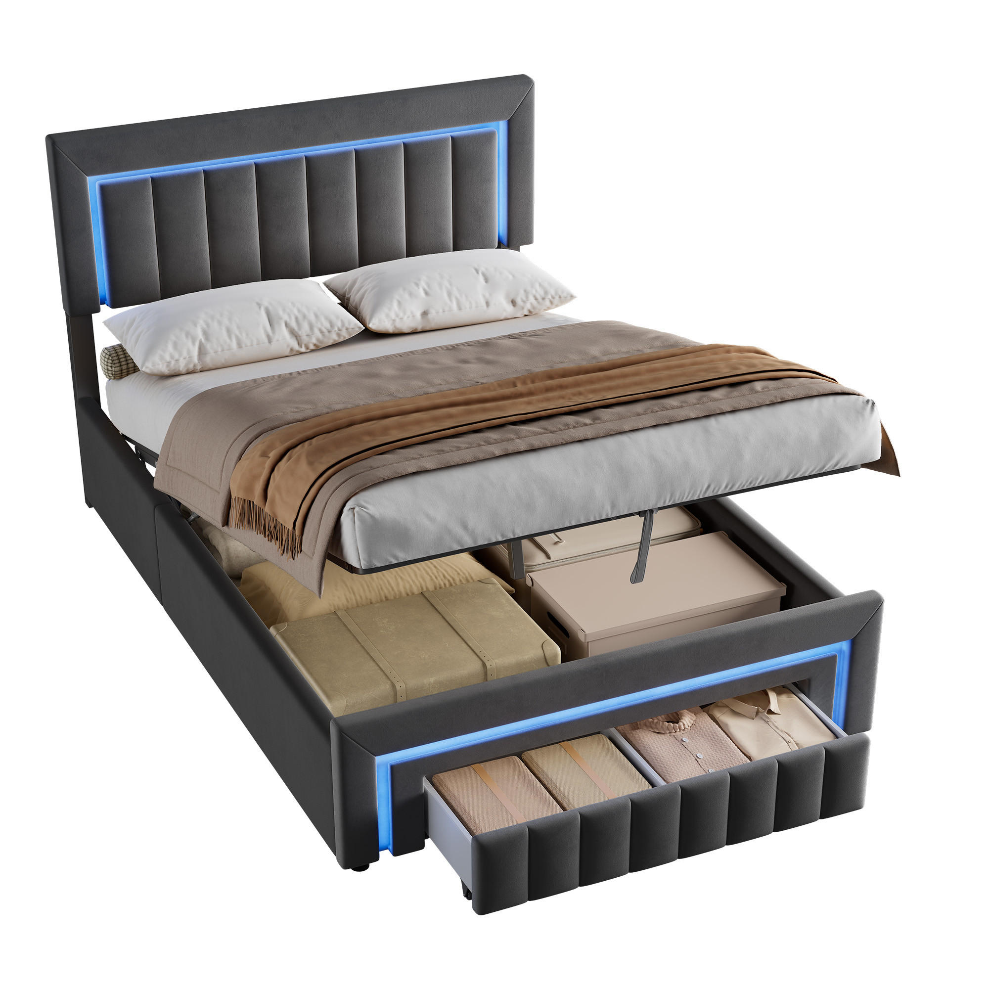 Redom ČALOUNĚNÁ postel 140x190 cm s hydraulickým lůžkovým boxem, zásuvkou s kolečky, LED osvětlením, Šedá