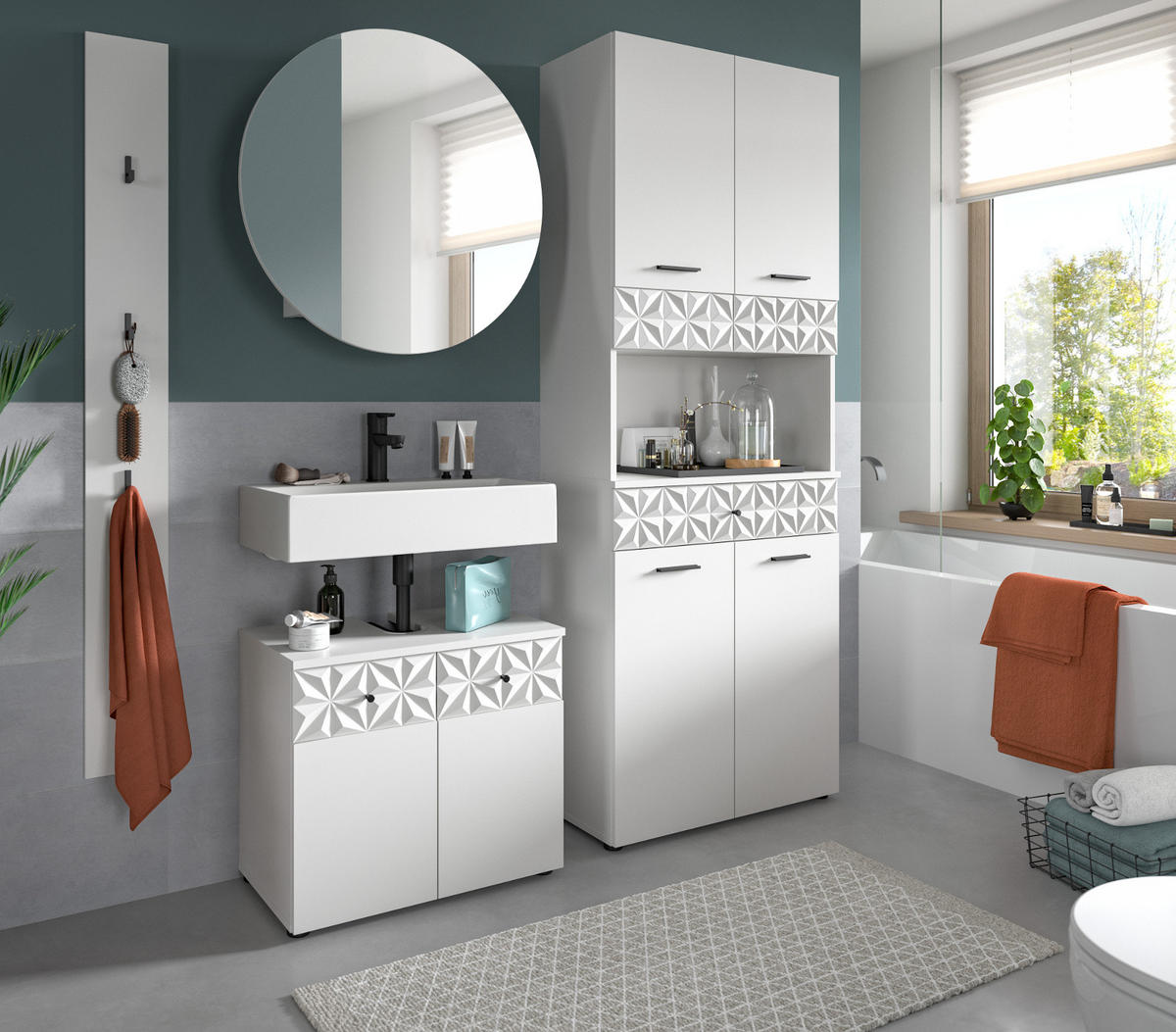BADMÖBEL-SET weiß Hochglanz 4-teilig 186 cm, Komplettset mit 3D-Struktur - Weiß Hochglanz, Glas/Holzwerkstoff (186/187/37cm) - Inn.Furn