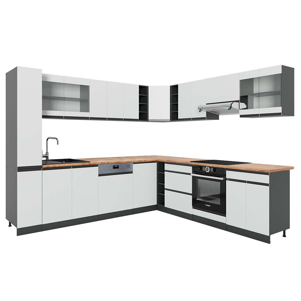 ECKKÜCHE R-Line Weiß/Anthrazit 257 x 277 cm J-Shape, AP Eiche - Anthrazit/Weiß, Holzwerkstoff (277/81.6/60cm) - Vicco