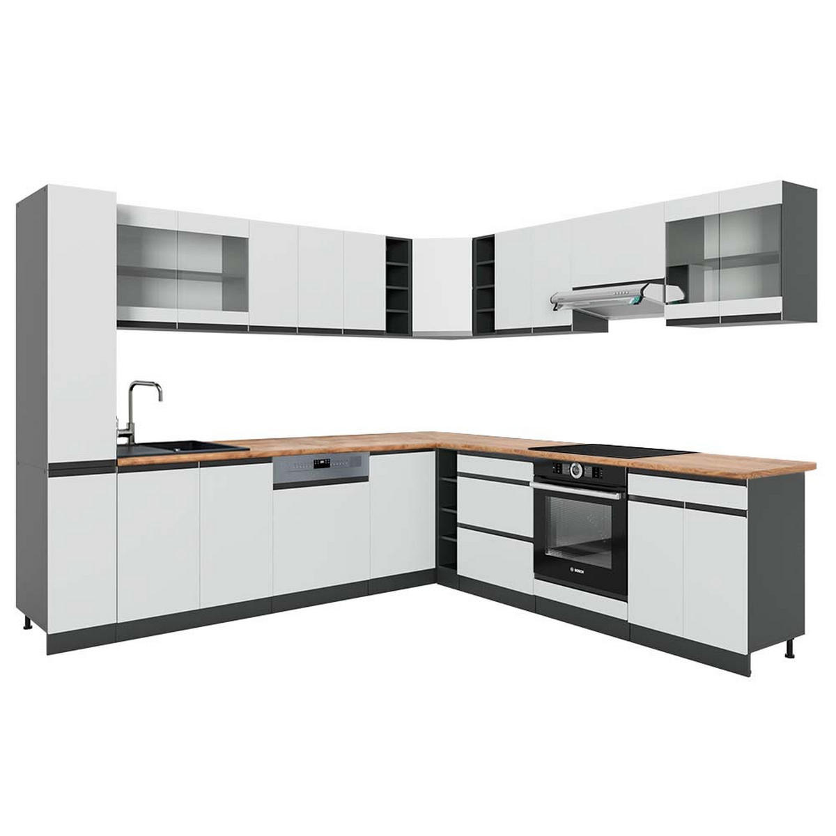 ECKKÜCHE R-Line Weiß/Anthrazit 257 x 277 cm J-Shape, AP Eiche - Anthrazit/Weiß, Holzwerkstoff (277/81.6/60cm) - Vicco