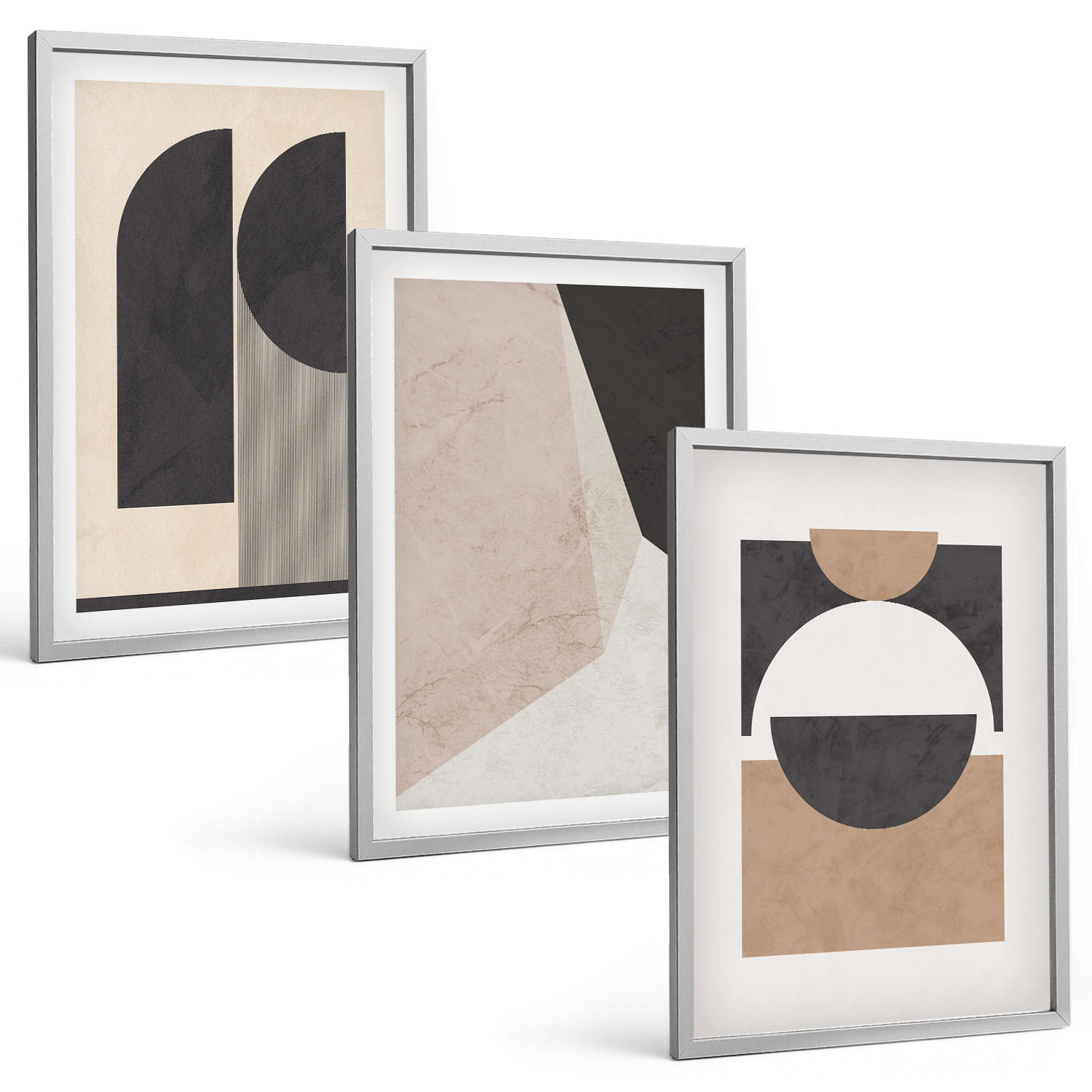 BILDER SET 3er Set - 40x60 cm Silberner Rahmen - Abstrakte Formen beige braun - Silberfarben, Kunststoff (40/60cm) - TULUP