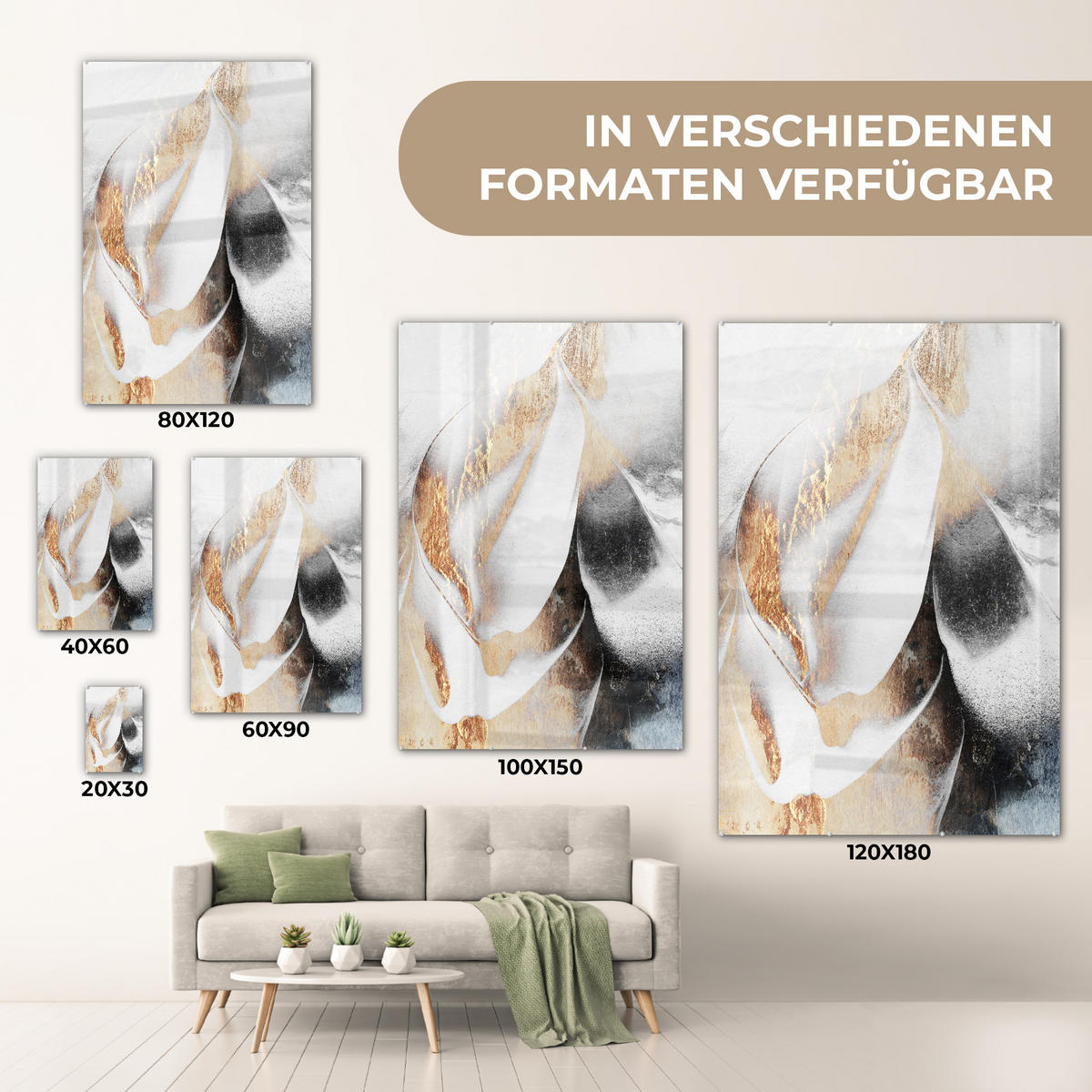 ACRYLGLASBILD Luxus - Abstrakt - Gold - Weiß 40x60 cm - Goldfarben, Glas (40/60cm) - MuchoWow