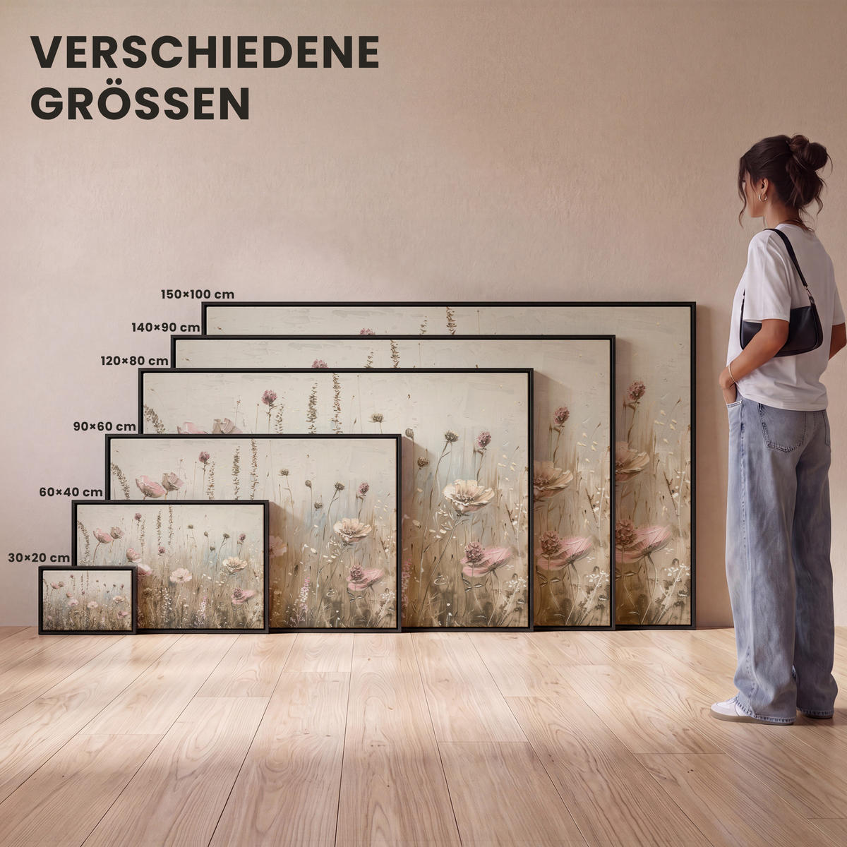 LEINWAND Bilder mit Rahmen - Blumen - Rosa - Modern - Beige - 120x80 - Beige, Textil (120/80cm) - MuchoWow