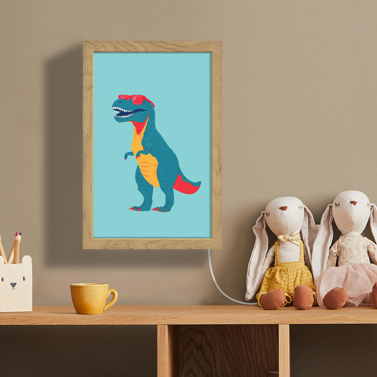 NÁSTĚNNÁ LAMPA Dinosaurus - Modrá - Sluneční brýle 20x30 cm - světle modrá, kompozitní dřevo (20/30/8cm) - OnlyWow