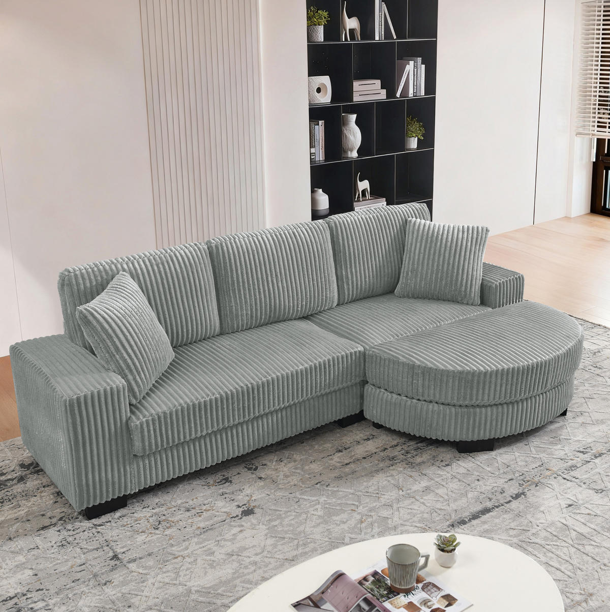 ECKSOFA 256,5/133,5/89 cm grau aus Corduroy mit wechselbarem Hocker - Grau, Kunststoff (133.5/256.5cm) - OKWISH
