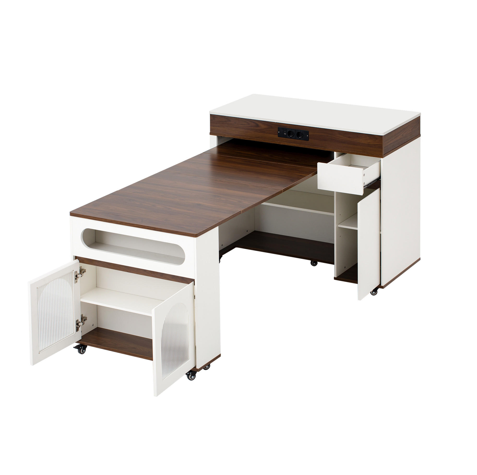 Redom KUCHYŇSKÝ ostrůvek 50,5–187,5/110,5/95,5 cm z MDF s výsuvným stolem, kolečky, zásuvkou a zásuvkami, Bílá/Ořechová