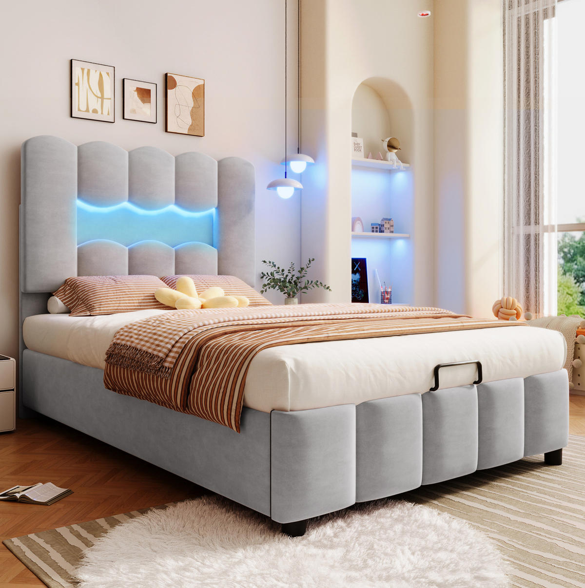 ČALOUNĚNÁ postel 90/200 cm šedá ze sametu s LED osvětlením a úložným prostorem - šedá, textil (90/200cm) - OKWISH