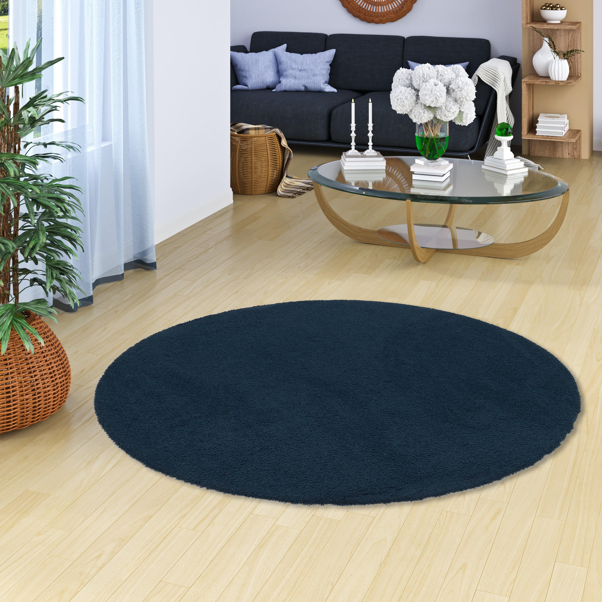 LUXUS HOCHFLOR SHAGGY TEPPICH VELVET RUND - Dunkelblau, Textil (100/100cm) - Snapstyle