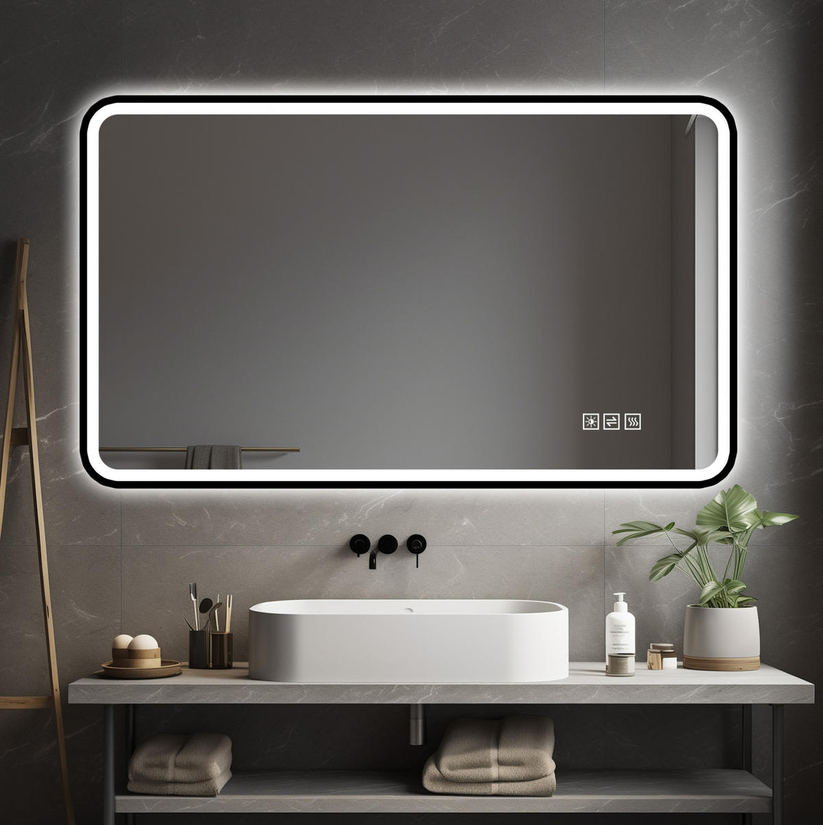 WANDSPIEGEL 90/4/70 cm Schwarz aus Glas und Metall mit Anti-Beschlag und LED - Schwarz, Glas (70/4/90cm) - OKWISH