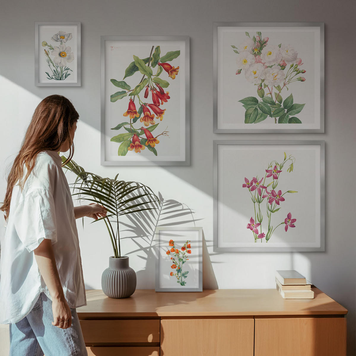 WANDBILDER 5er Set - 50x50 cm & 20x30 cm & 40x60 cm Silberner Rahmen - Retro-Blumenmalerei - Silberfarben, Kunststoff (40/60cm) - ArtPrintCave