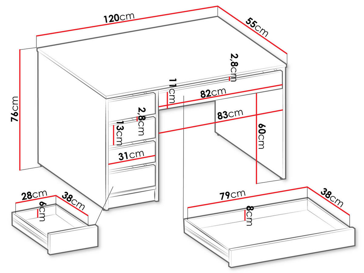 SCHREIBTISCH Ada - Weiß, Holzwerkstoff (55/120/76cm) - MIRJAN24