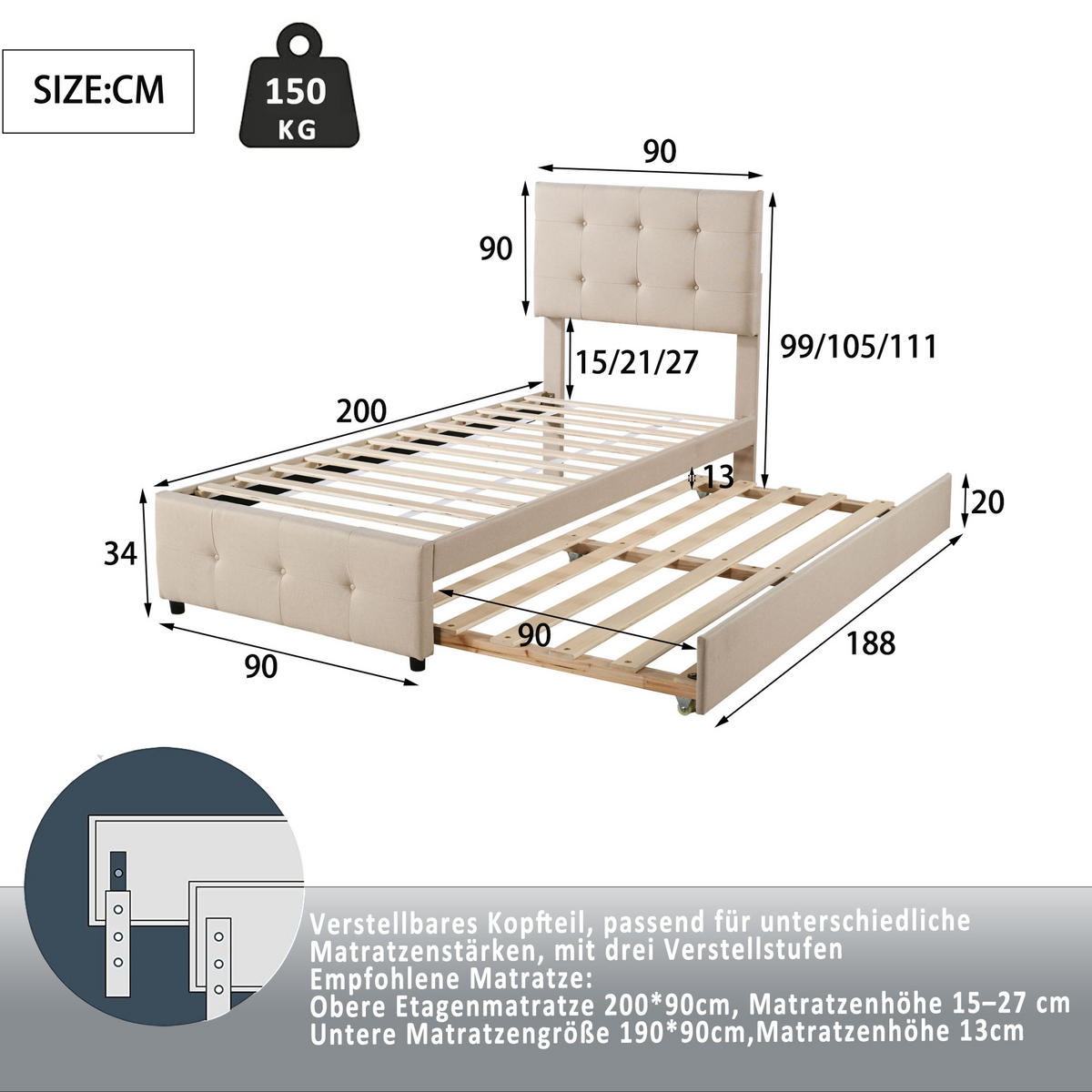 POLSTERBETT 90x200 cm ausziehbar beige - Beige, Textil (90/200cm) - LEBENLANG
