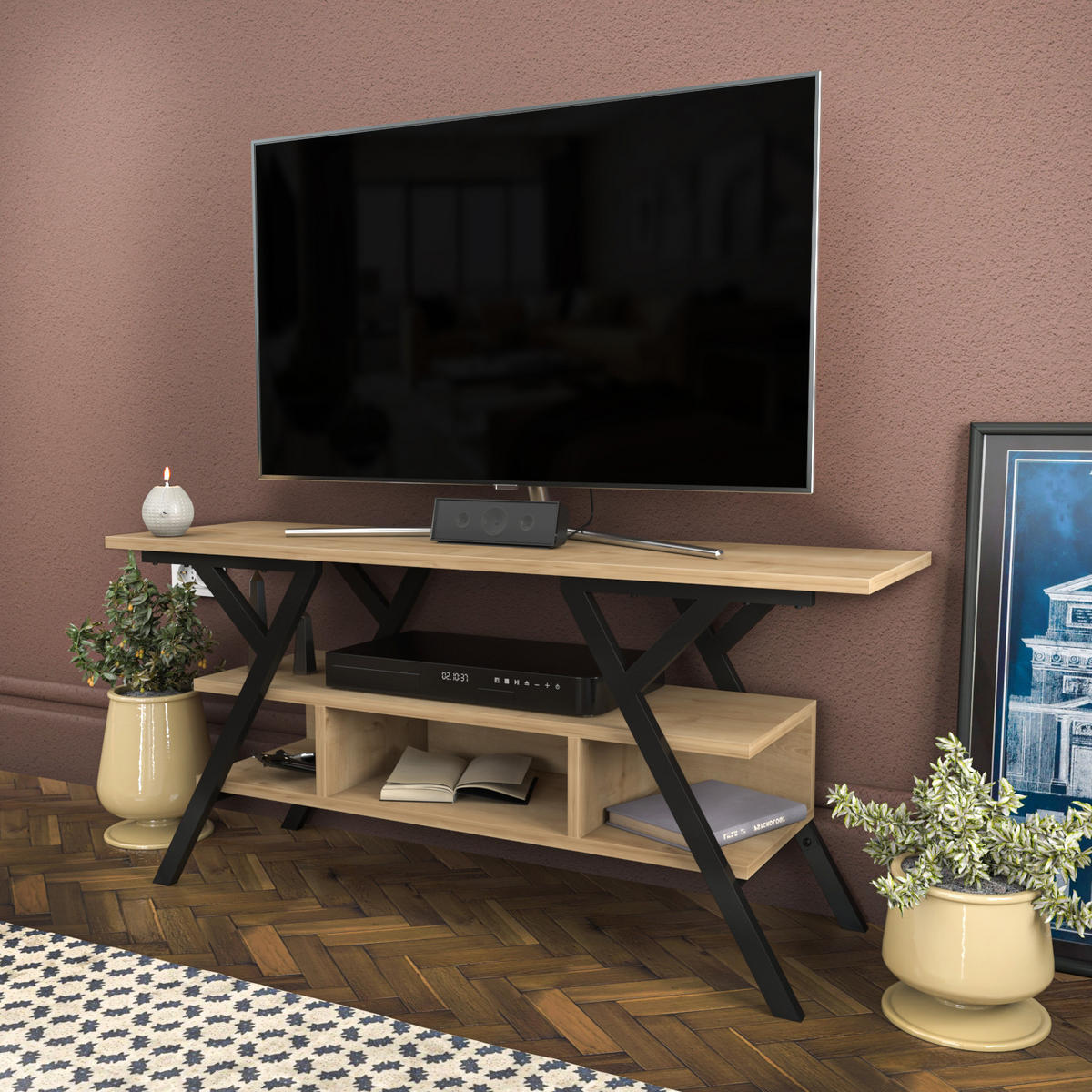TV Stand Minerva Schwarze Eiche - Eichefarben/Schwarz, Holzwerkstoff (120/55/35cm) - Decorotika