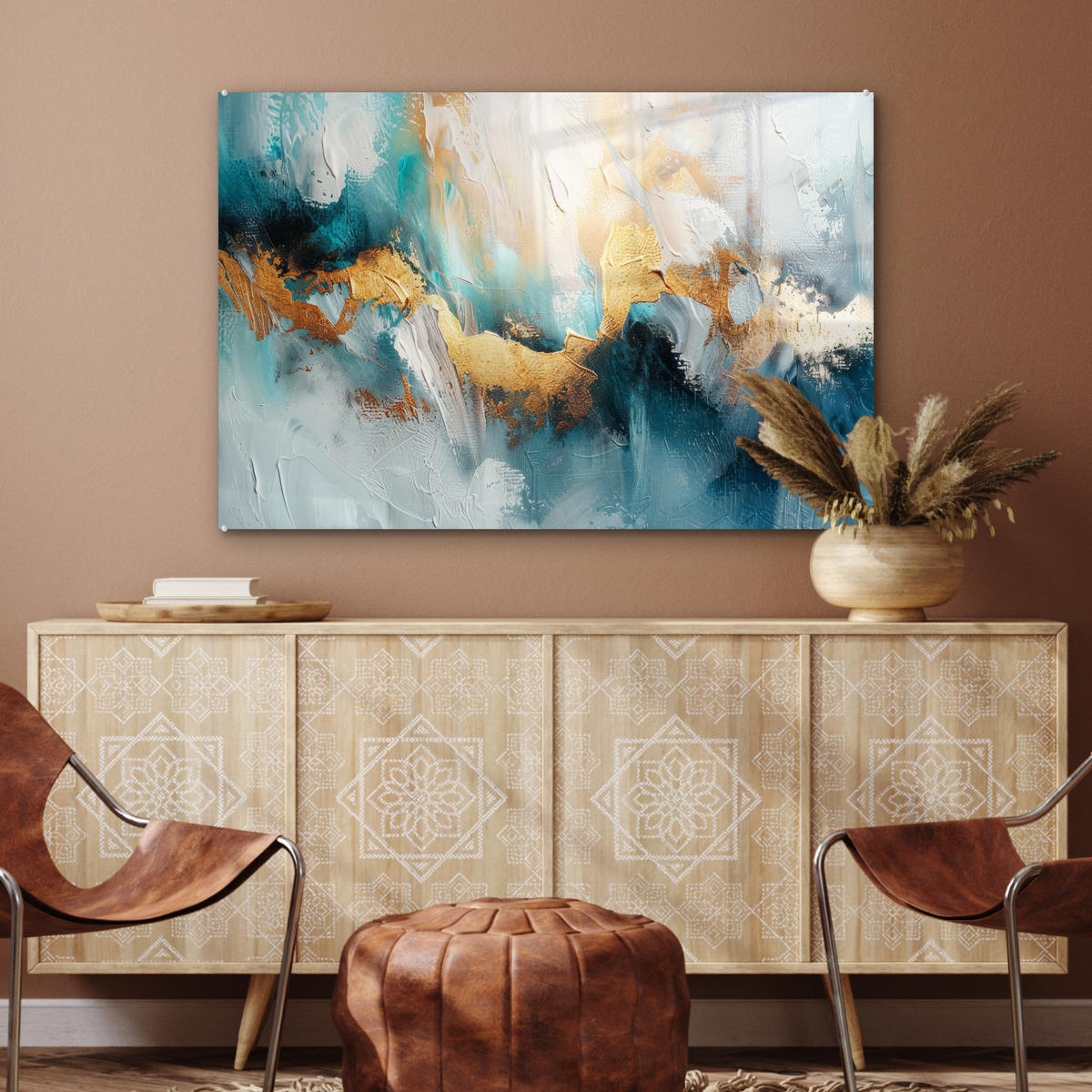 ACRYLGLASBILD Abstrakt - Kunst - Gold - Blau 90x60 cm - Petrol, Glas (90/60cm) - MuchoWow