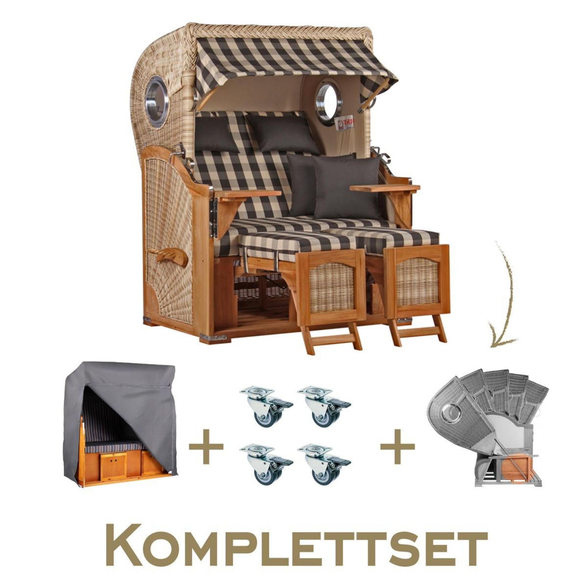 STRANDKORB Komplettset Düne Teak PE Shell Dessin 505 - Braun, Naturmaterialien/Metall (125/170/80cm) - Mr. Deko
