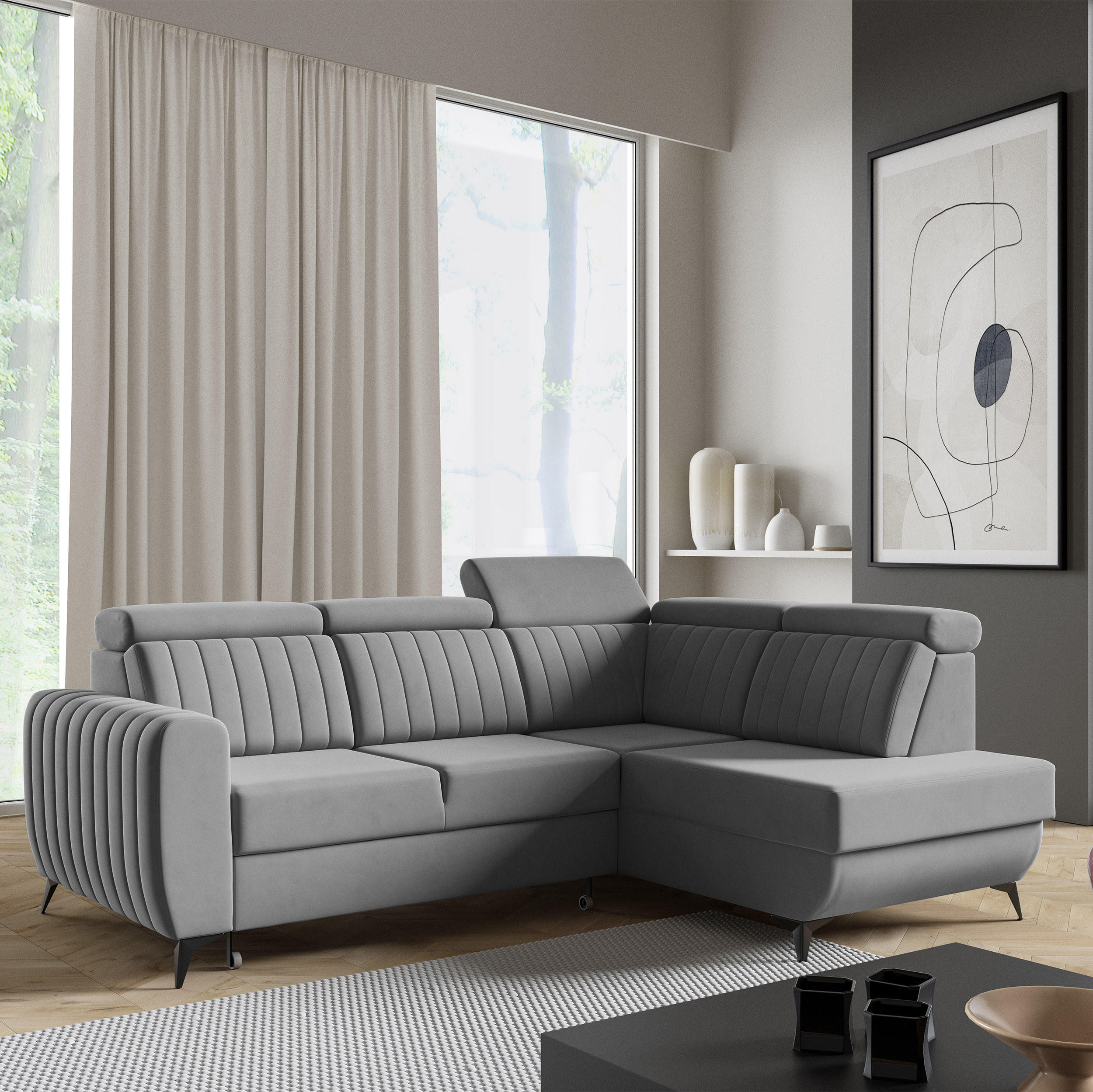 ECKSCHLAFSOFA Connor II verstellbare Kopfstützen, Grau, rechts - Schwarz/Grau, Textil (268/204cm) - Beautysofa