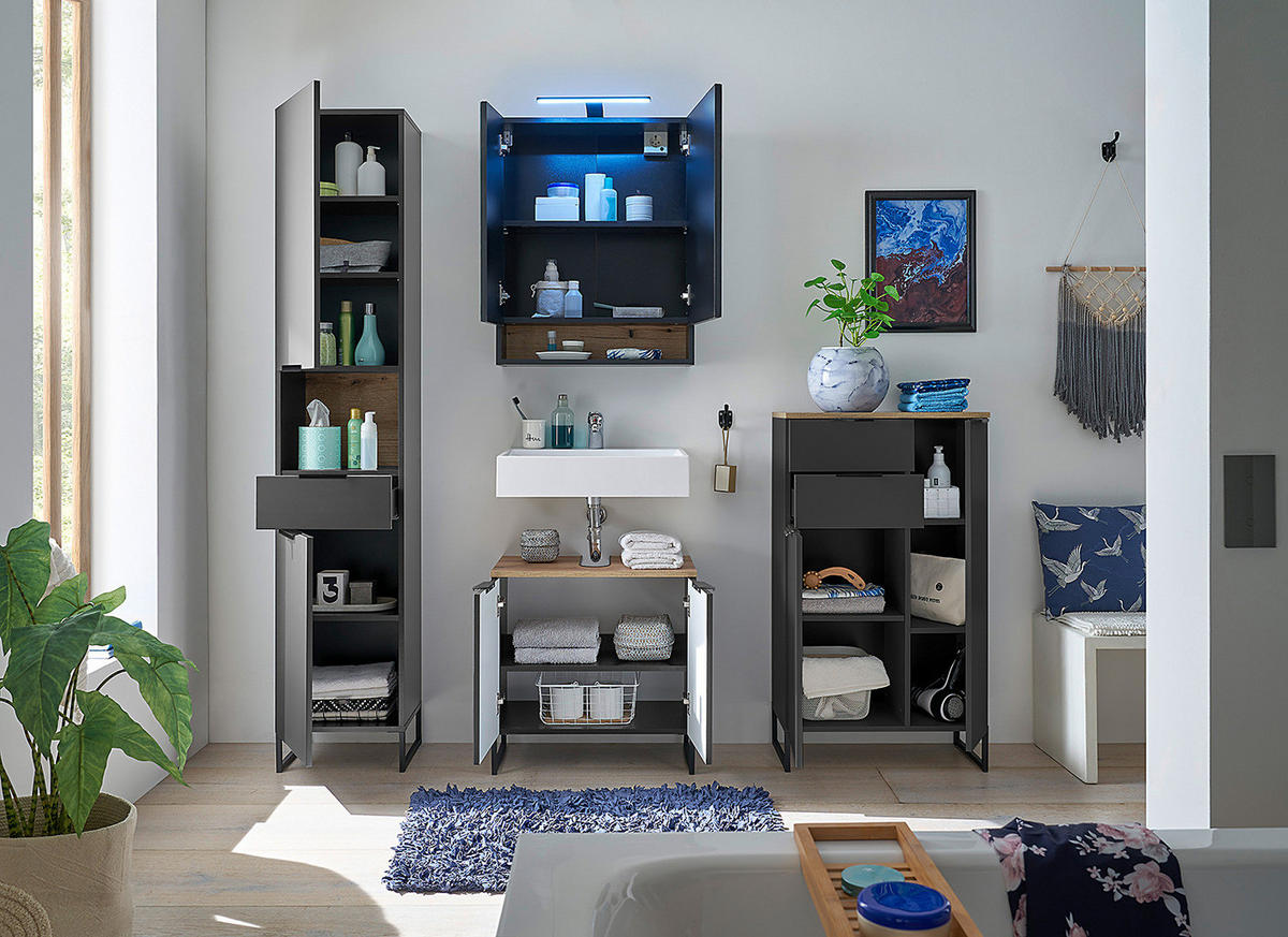 WASCHBECKENUNTERSCHRANK mit 2 Türen - Schwarz, Holzwerkstoff (60/60/35cm) - home24