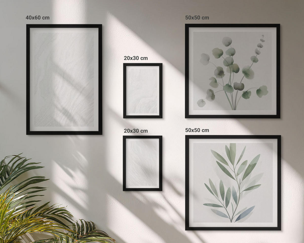 WANDBILDER 5er-Set - 50x50 cm & 20x30 cm & 40x60 cm Schwarzer Rahmen - Marmorstruktur, pastellfarbene Zweige - Schwarz, Kunststoff (40/60cm) - ArtPrintCave