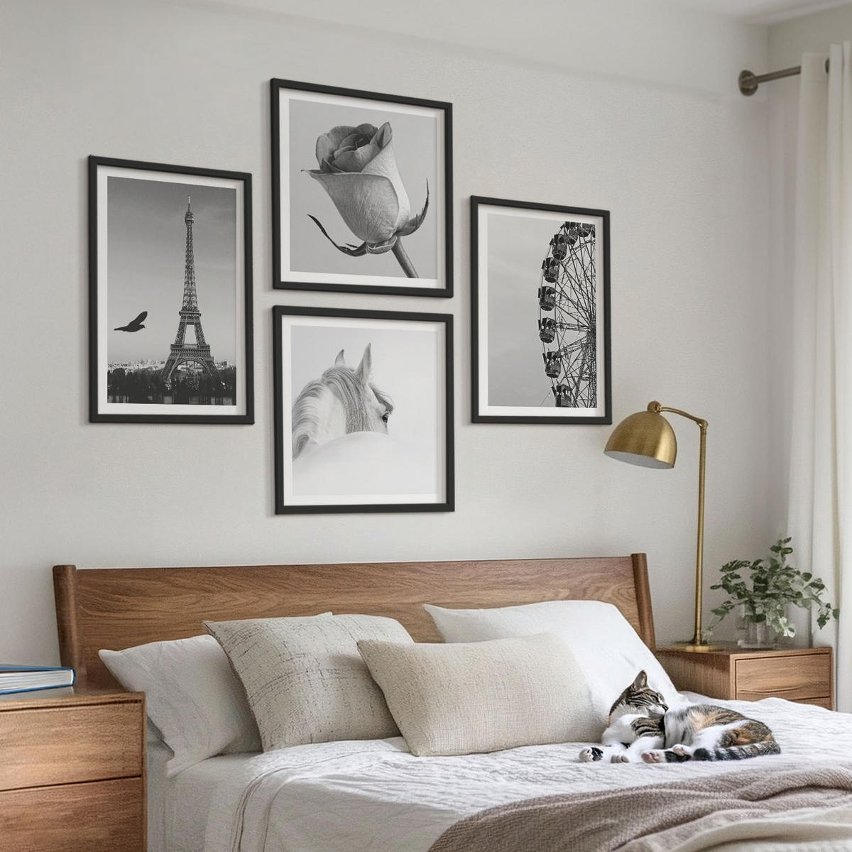 WANDBILDER 4er-Set - 50x50 cm & 40x60 cm Schwarzer Rahmen - Rose Eiffelturm Pferd Riesenrad S/W - Schwarz, Kunststoff (50/50cm) - ArtPrintCave